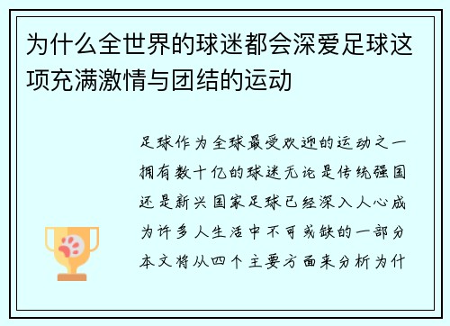 为什么全世界的球迷都会深爱足球这项充满激情与团结的运动